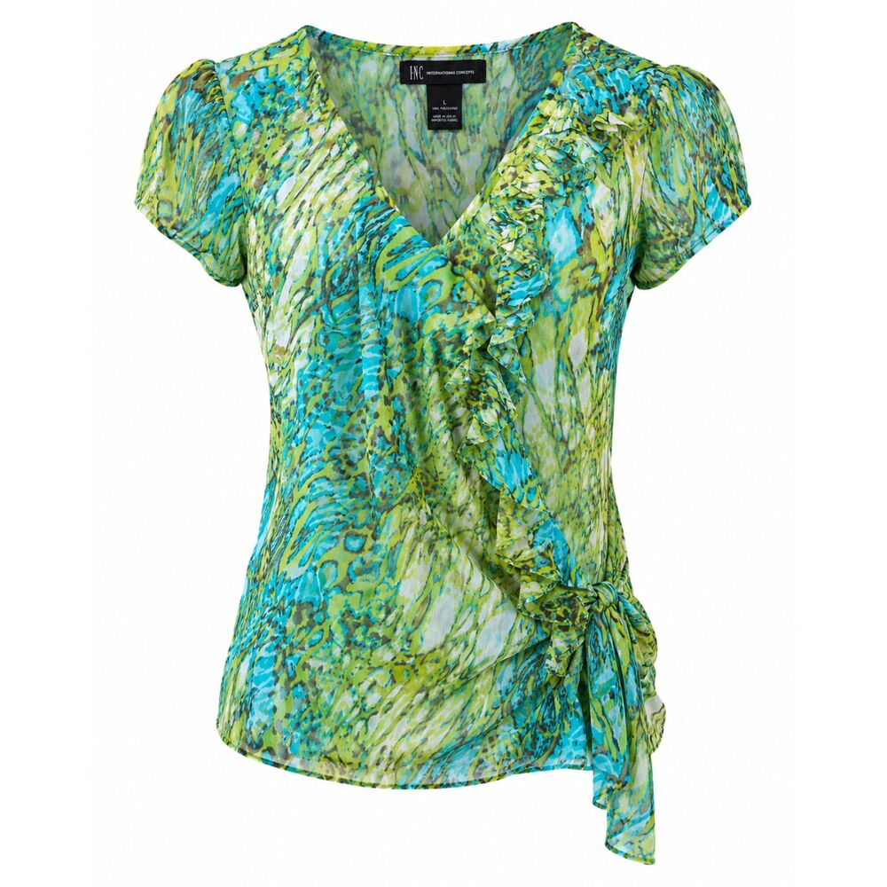 INC International Concepts Women's Large Ruffle Surplice Blouse Blue Green - Picture 4 of 4